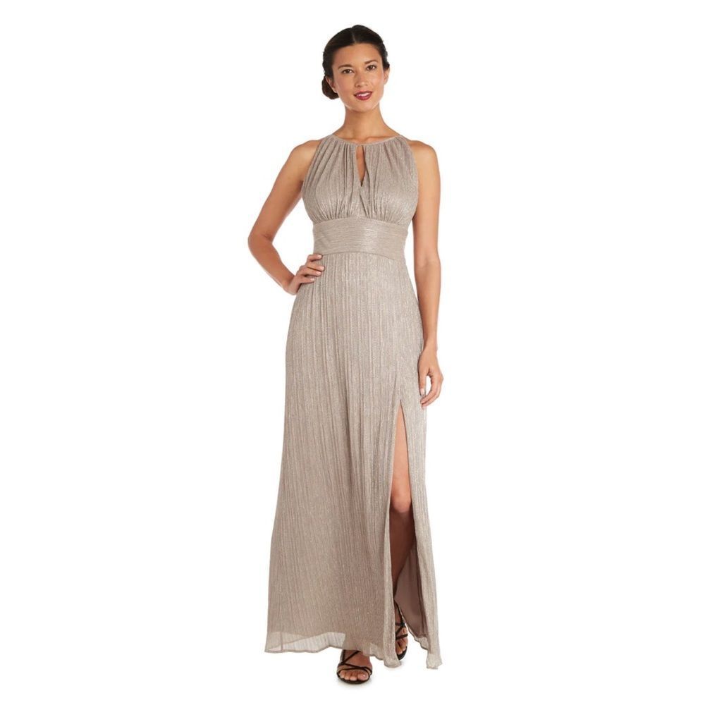 R&M Richard's Gold Metallic Halterneck Gown with Thigh Split Dress Size 14 NWT
